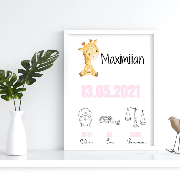 Geburtsposter Giraffe, Geburtsanzeige