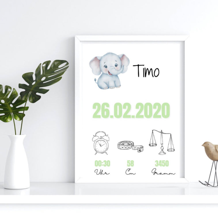 Geburtsposter Elefant, Geburtsanzeige
