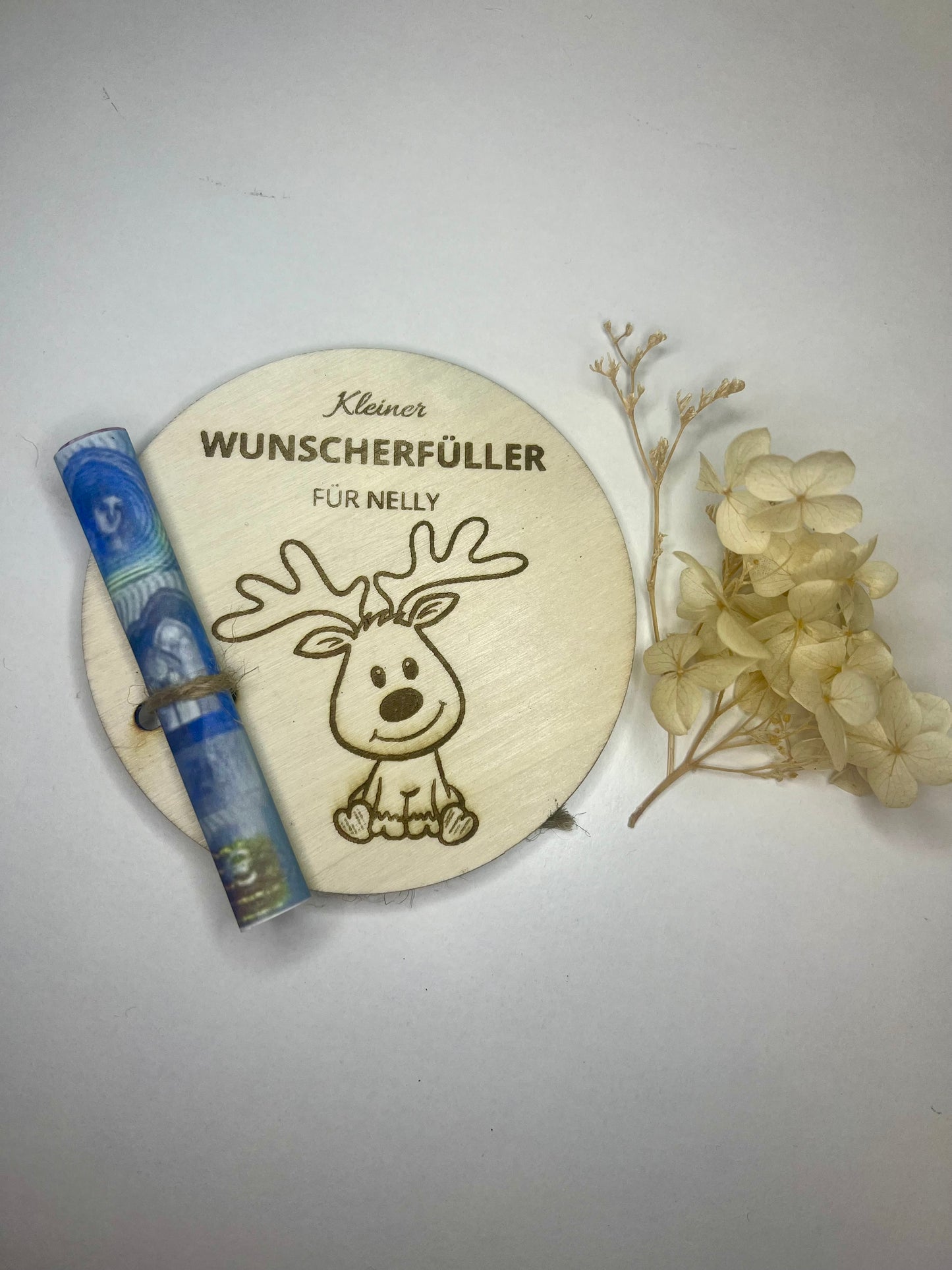 Wunscherfüller (Elch) - personalisierte Holzkarte, Geldgeschenk
