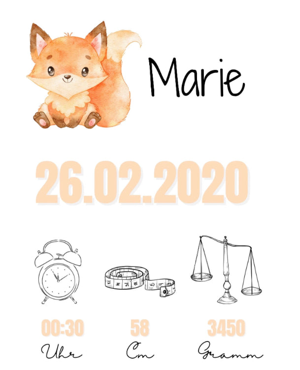 Geburtsposter Fuchs, Geburtsanzeige
