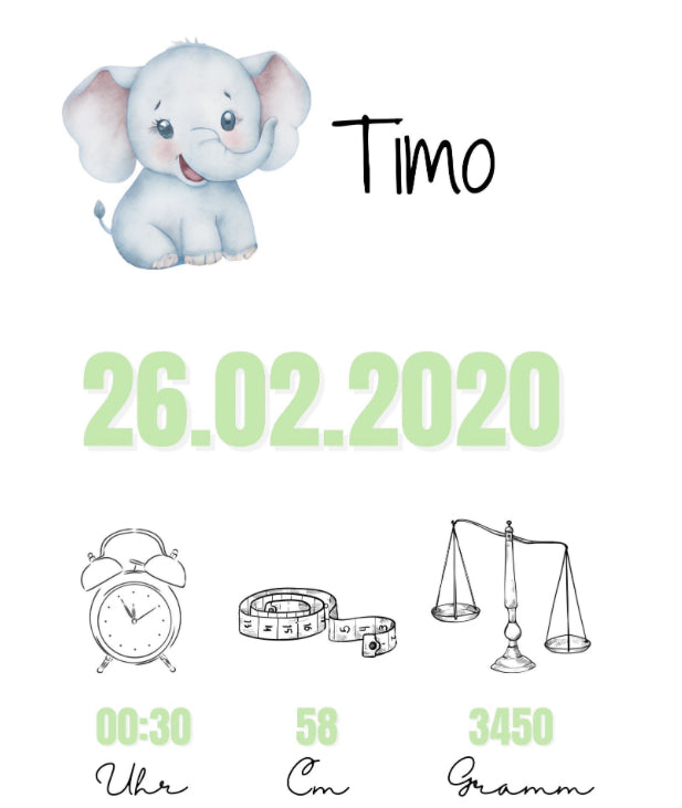 Geburtsposter Elefant, Geburtsanzeige