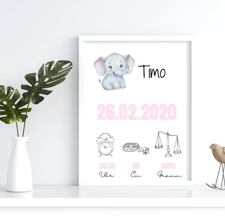 Geburtsposter Elefant, Geburtsanzeige