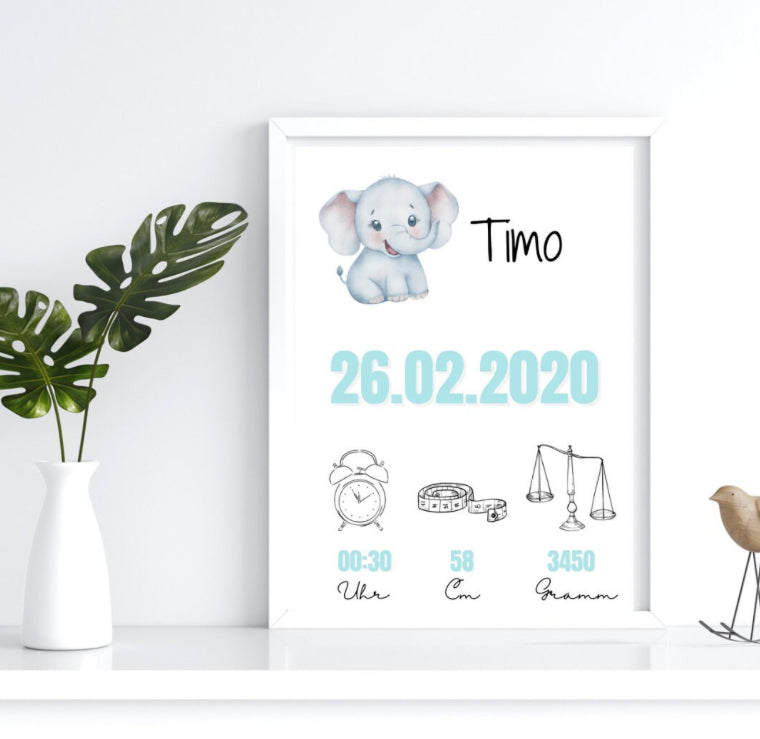 Geburtsposter Elefant, Geburtsanzeige