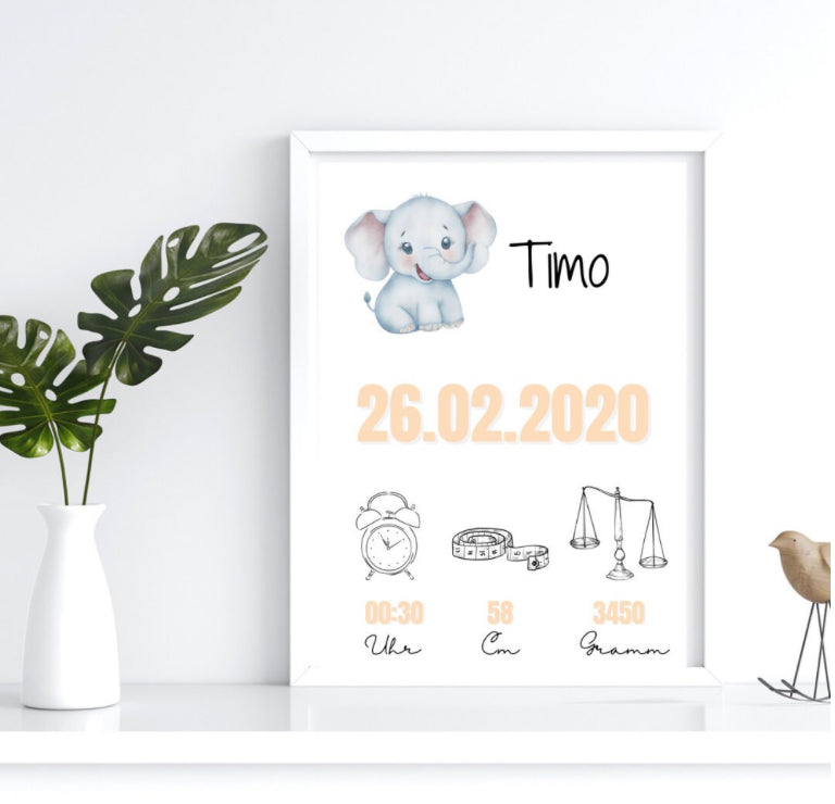 Geburtsposter Elefant, Geburtsanzeige