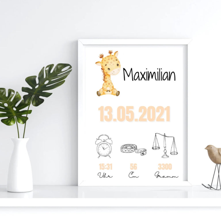 Geburtsposter Giraffe, Geburtsanzeige
