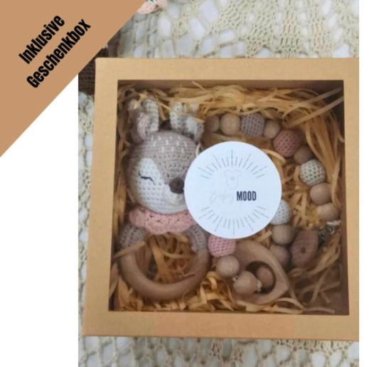 Baby Geschenkset (personalisiert) - Rosa Reh-Set Rassel, Schnullerkette und Beißring