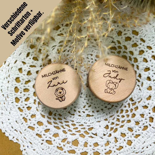 Milchzahndöschen personalisiert mit verschiedenen Motiven und Schriftarten