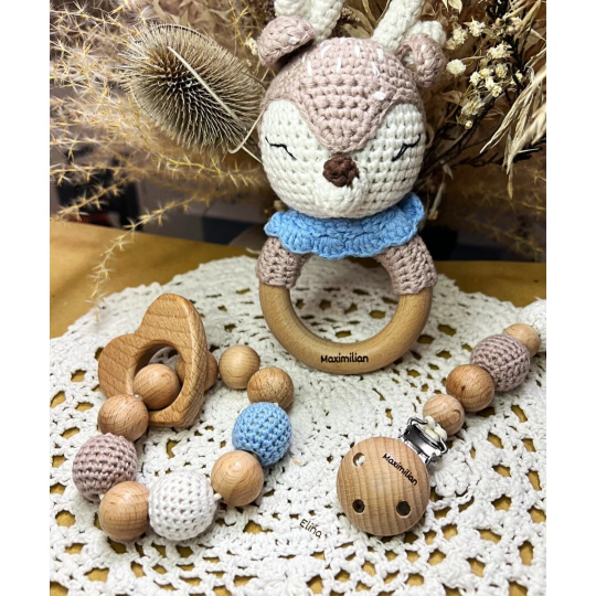 Baby Geschenkset (personalisiert) - Blau Reh-Set Rassel, Schnullerkette und Beißring