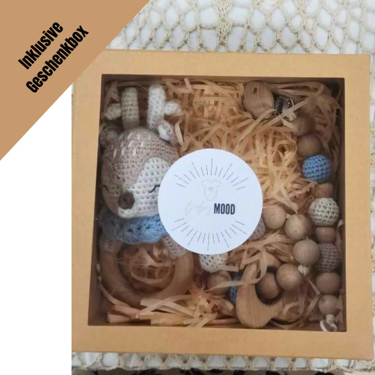 Baby Geschenkset (personalisiert) - Blau Reh-Set Rassel, Schnullerkette und Beißring