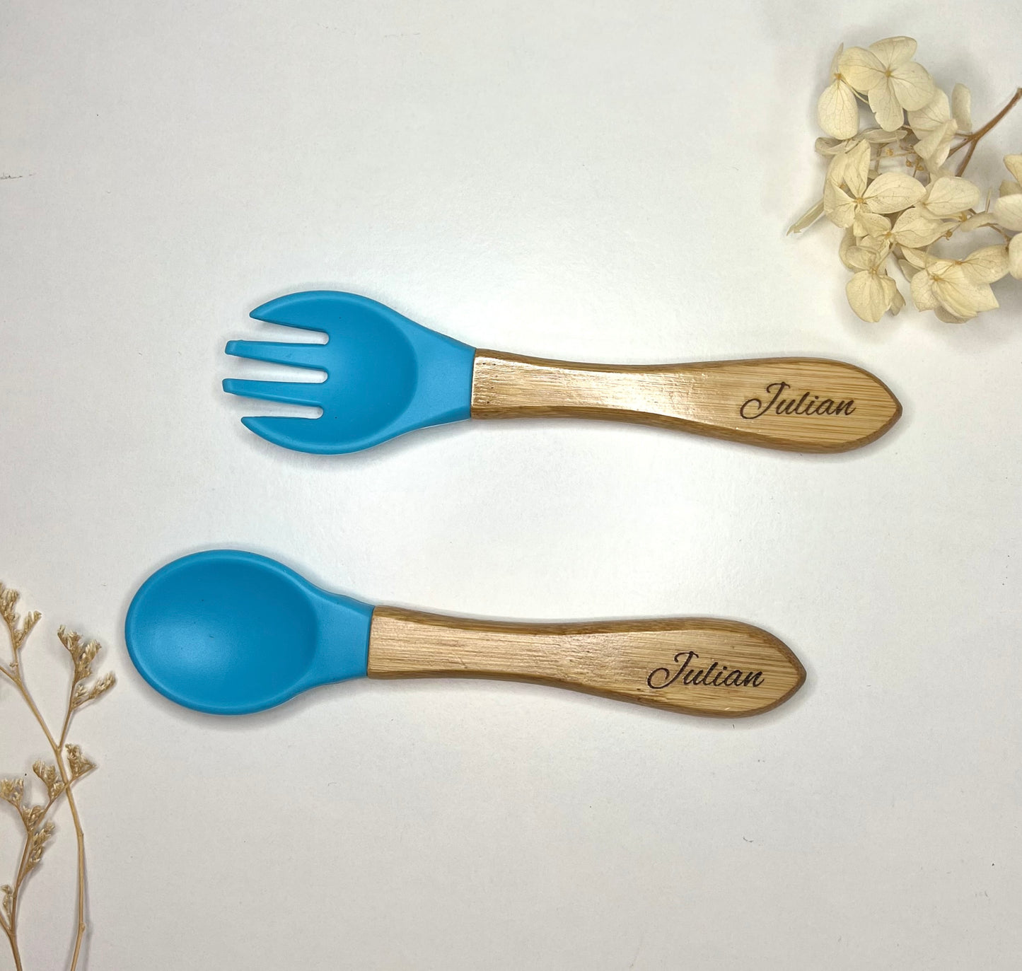 Kindergeschirr, Babyteller, Kinderbesteck (personalisiert) - Set aus Elefantenteller und Besteck (blau)