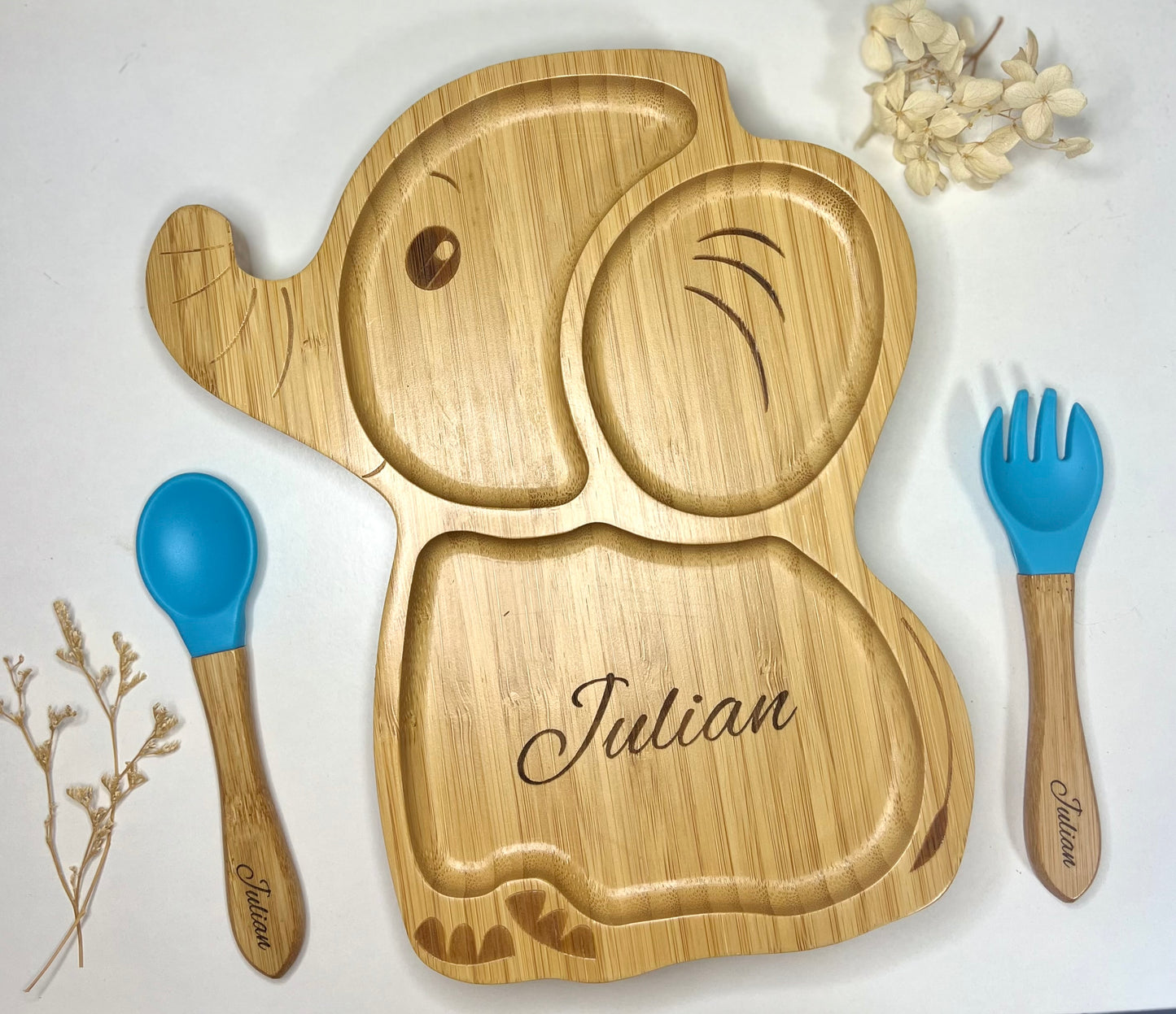 Kindergeschirr, Babyteller, Kinderbesteck (personalisiert) - Set aus Elefantenteller und Besteck (blau)