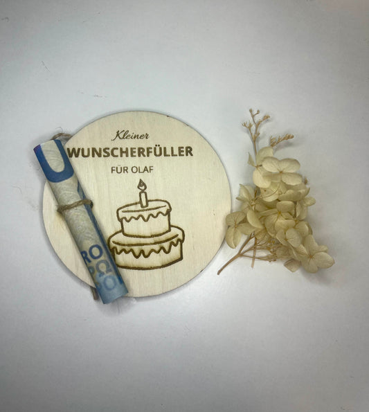 Wunscherfüller (Torte) - personalisierte Holzkarte, Geldgeschenk